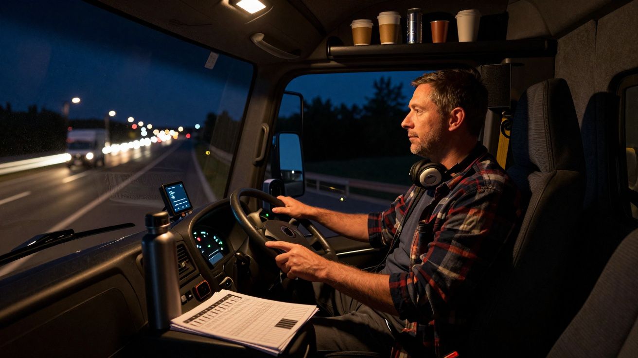 Homem a conduzir camião à noite numa autoestrada, com auscultadores ao pescoço e copos em cima do tabliado.
