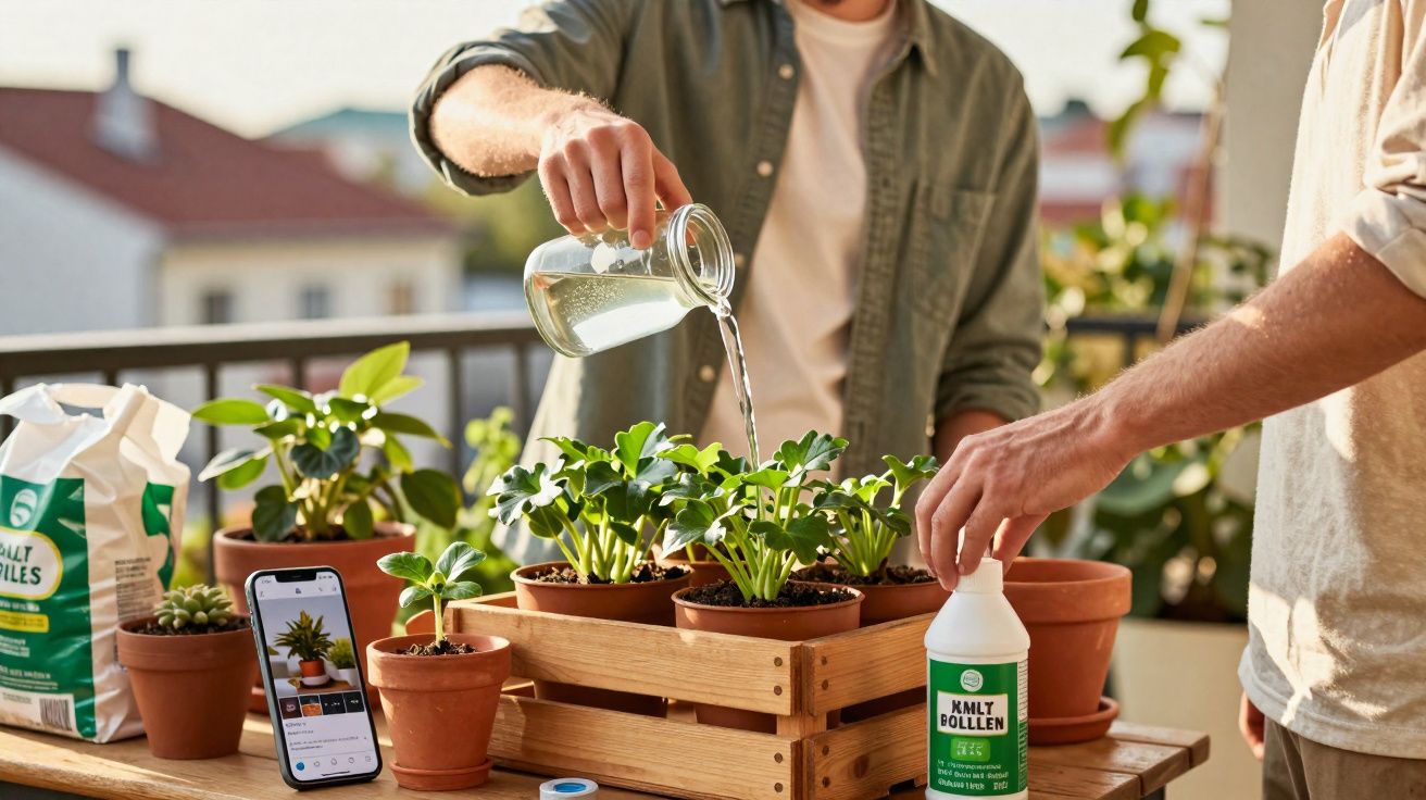 Duas pessoas a cuidar de plantas em vasos num varandim, uma a regar e outra a segurar embalagem de adubo.