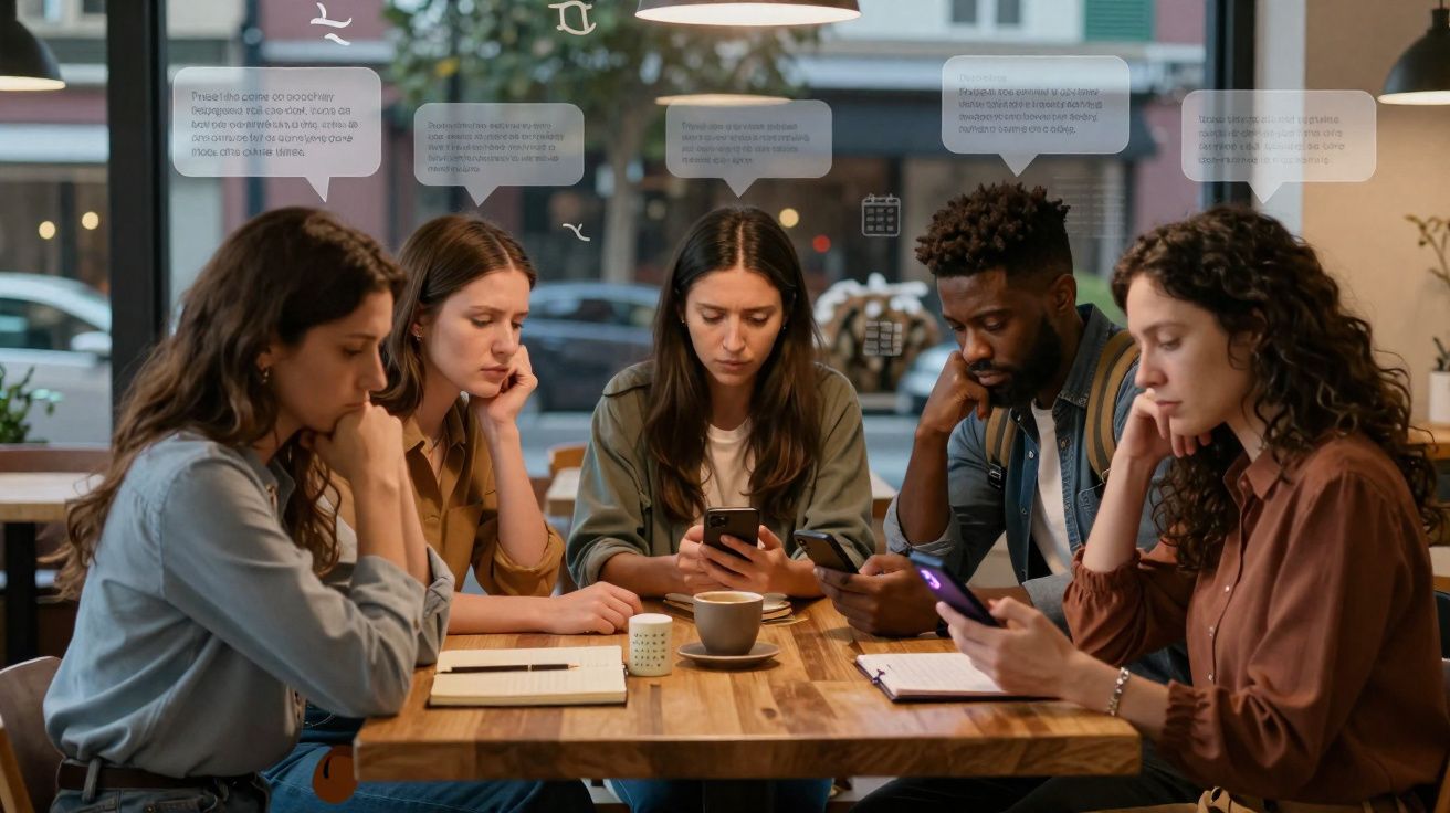 Cinco jovens sentados à mesa de café, focados nos seus telemóveis, com balões de texto visíveis na janela.