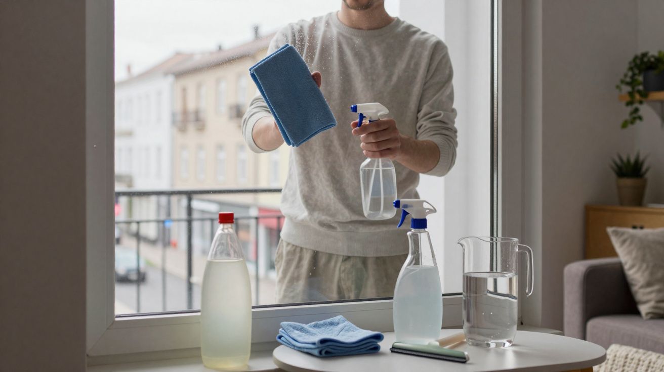 Pessoa a limpar uma janela com pano azul e pulverizador, vista interior com mesa e objetos de limpeza.
