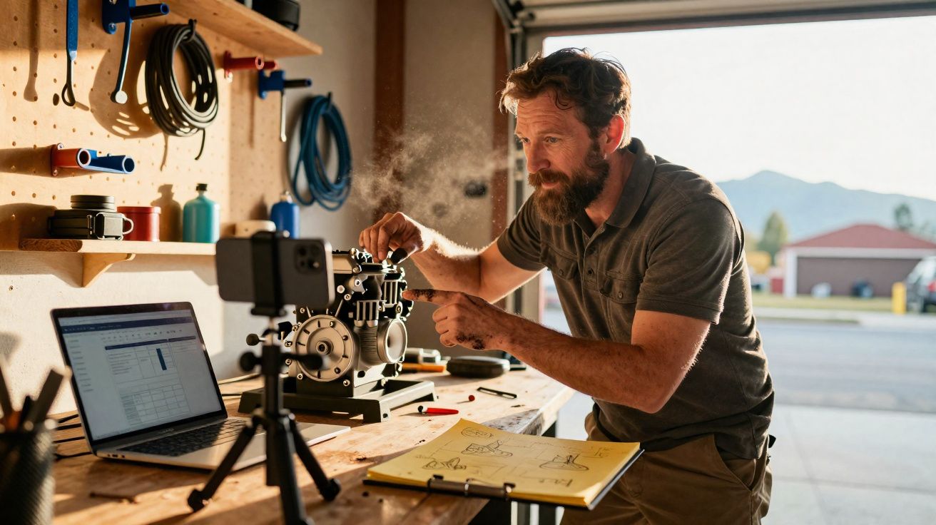 Homem a reparar motor numa oficina com laptop, caderno de anotações e telemóvel em tripé.