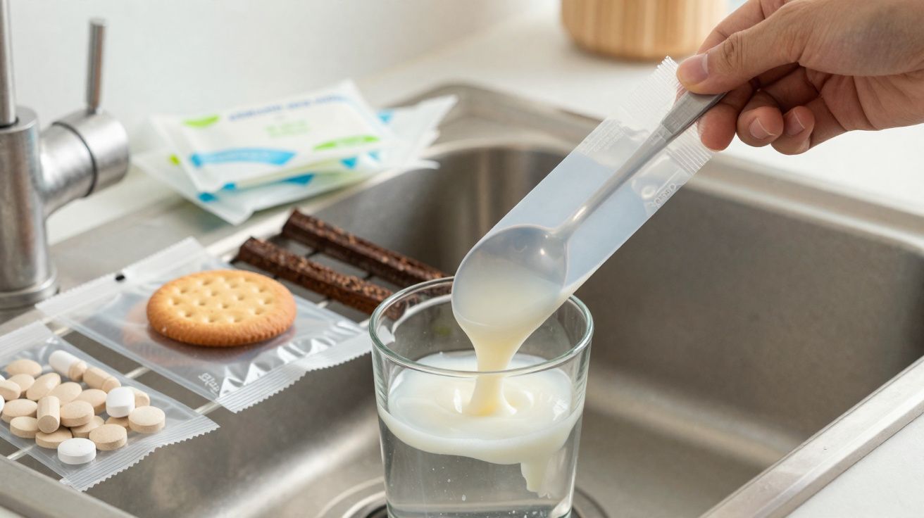Mão a despejar pó branco de embalagem num copo com água ao lado de comprimidos e bolachas sobre pia.
