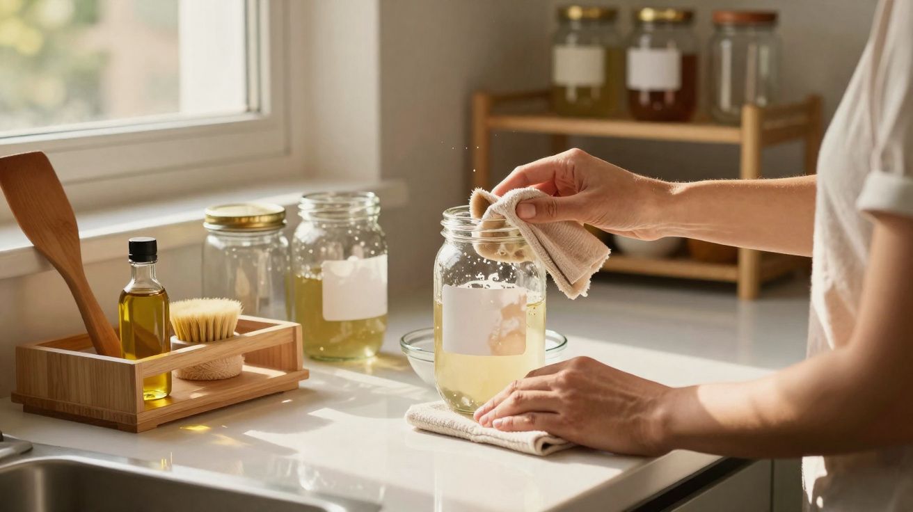Pessoa a limpar um frasco de vidro num balcão de cozinha iluminado pela janela.