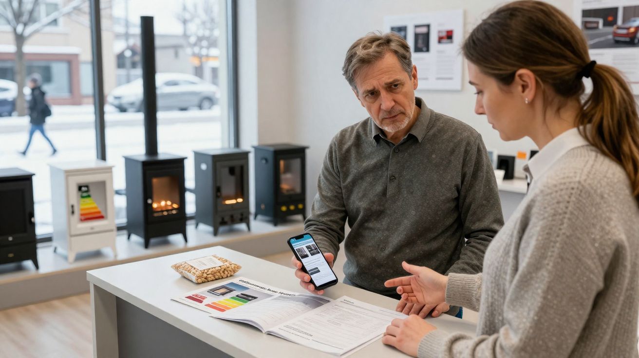 Homem e mulher conversam numa loja de estufas, com catálogo e telemóvel na mão.
