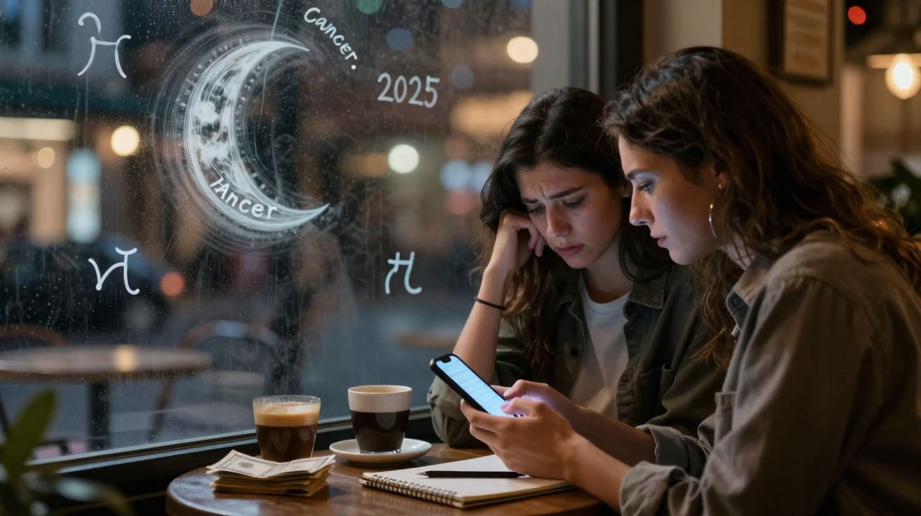 Duas mulheres com expressão preocupada sentadas numa cafetaria à noite, uma a usar telemóvel e outra a olhar.