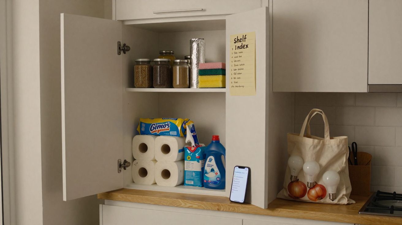 Armário de cozinha aberto com produtos de limpeza, papel higiénico, frascos e telemóvel numa bancada de madeira.