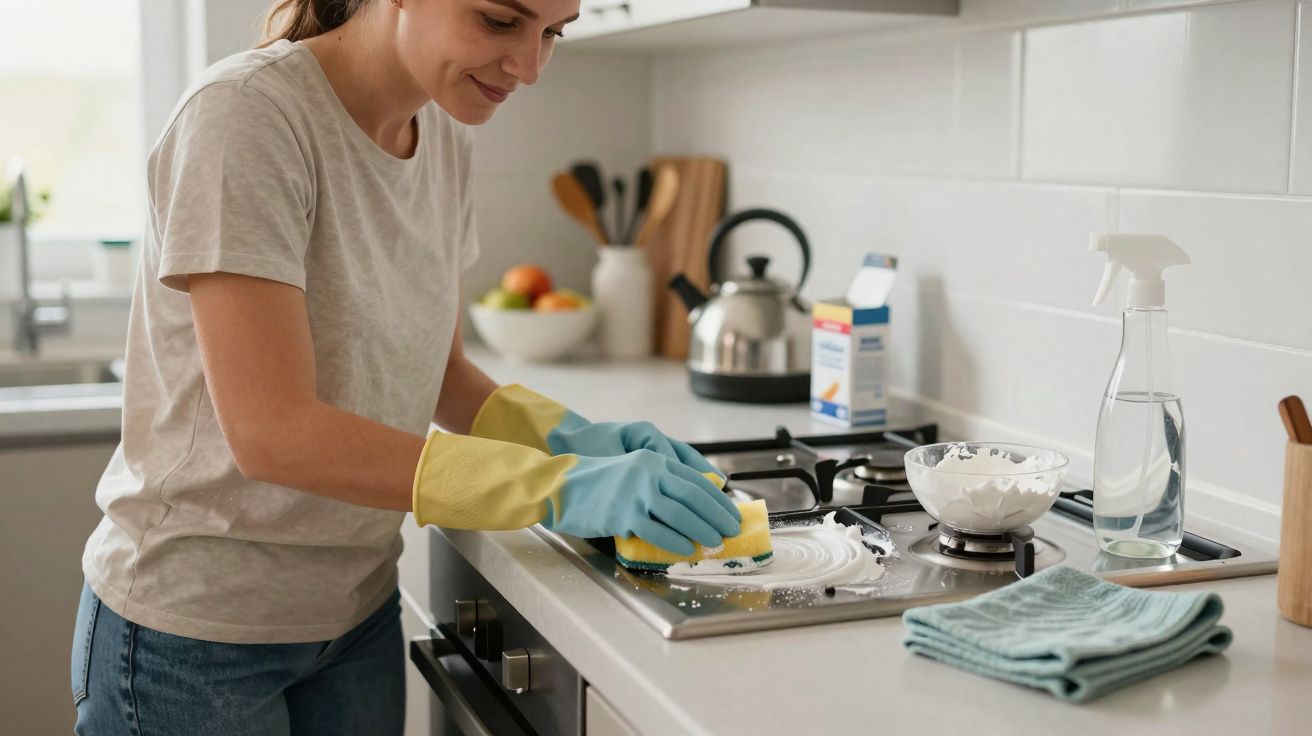 Mulher a limpar fogão na cozinha com esponja e luvas de limpeza amarelas e azuis.