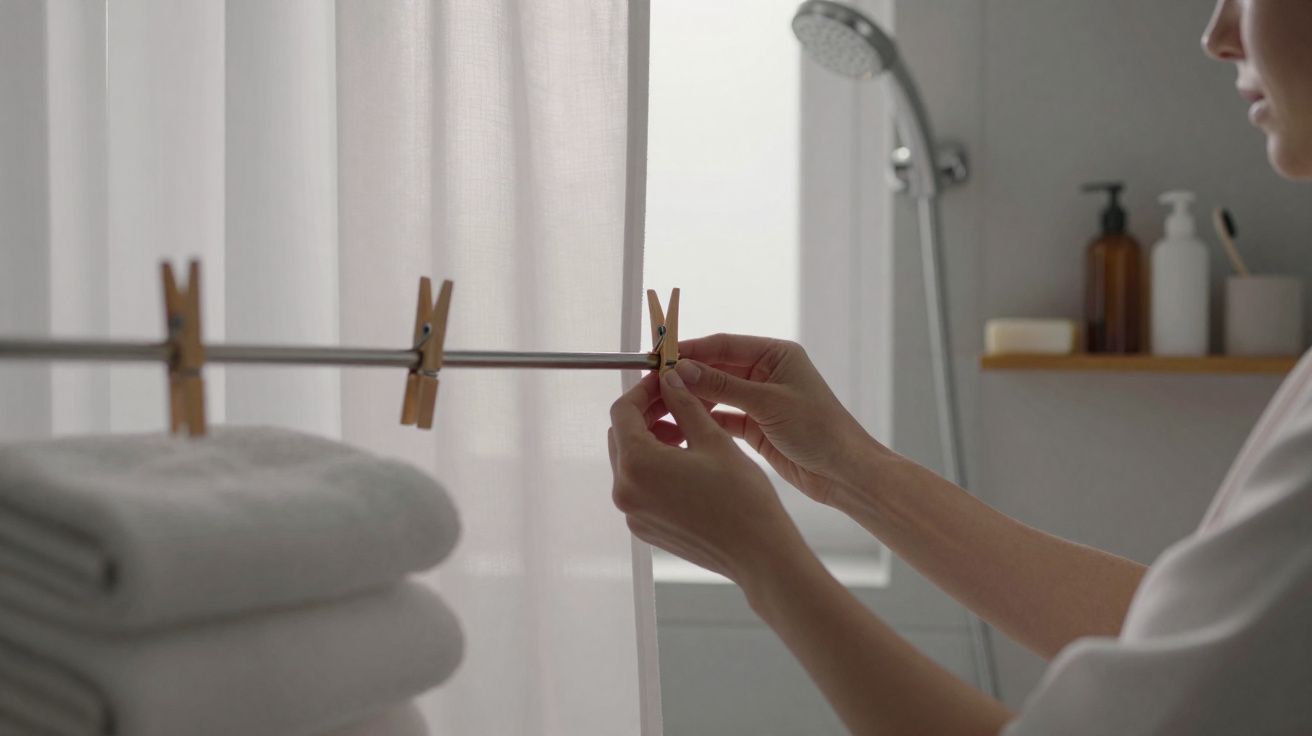 Pessoa a prender o cortinado de chuveiro com molas de madeira numa casa de banho minimalista.