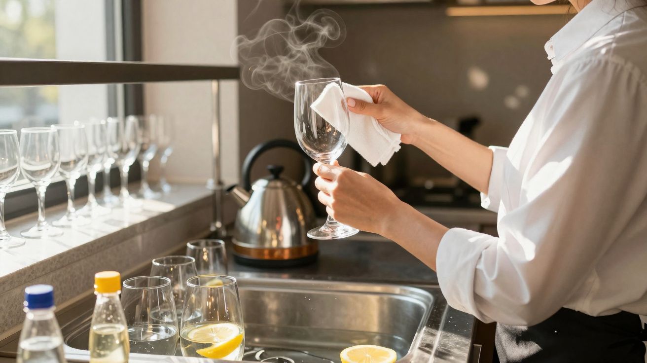 Pessoa a secar copo de vidro com pano branco numa cozinha com jarra de chá a ferver ao fundo.