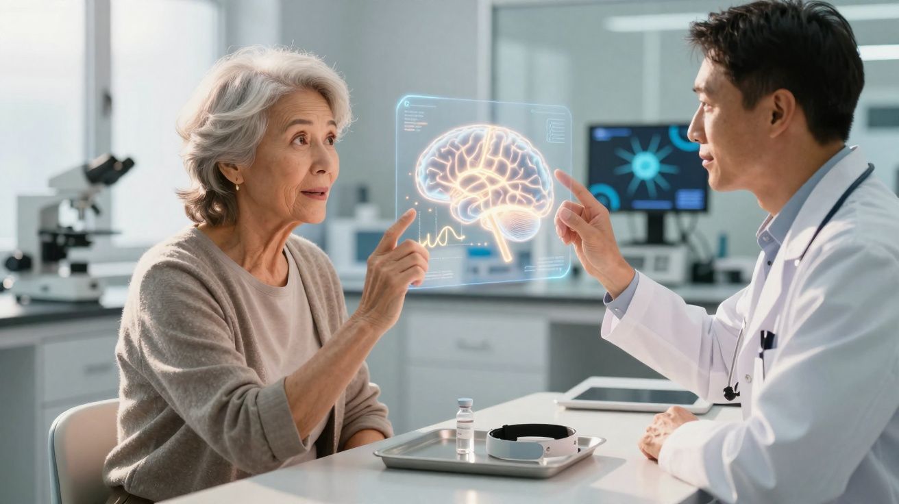 Paciente sénior e médico discutem imagem holográfica de cérebro num consultório moderno e equipado.