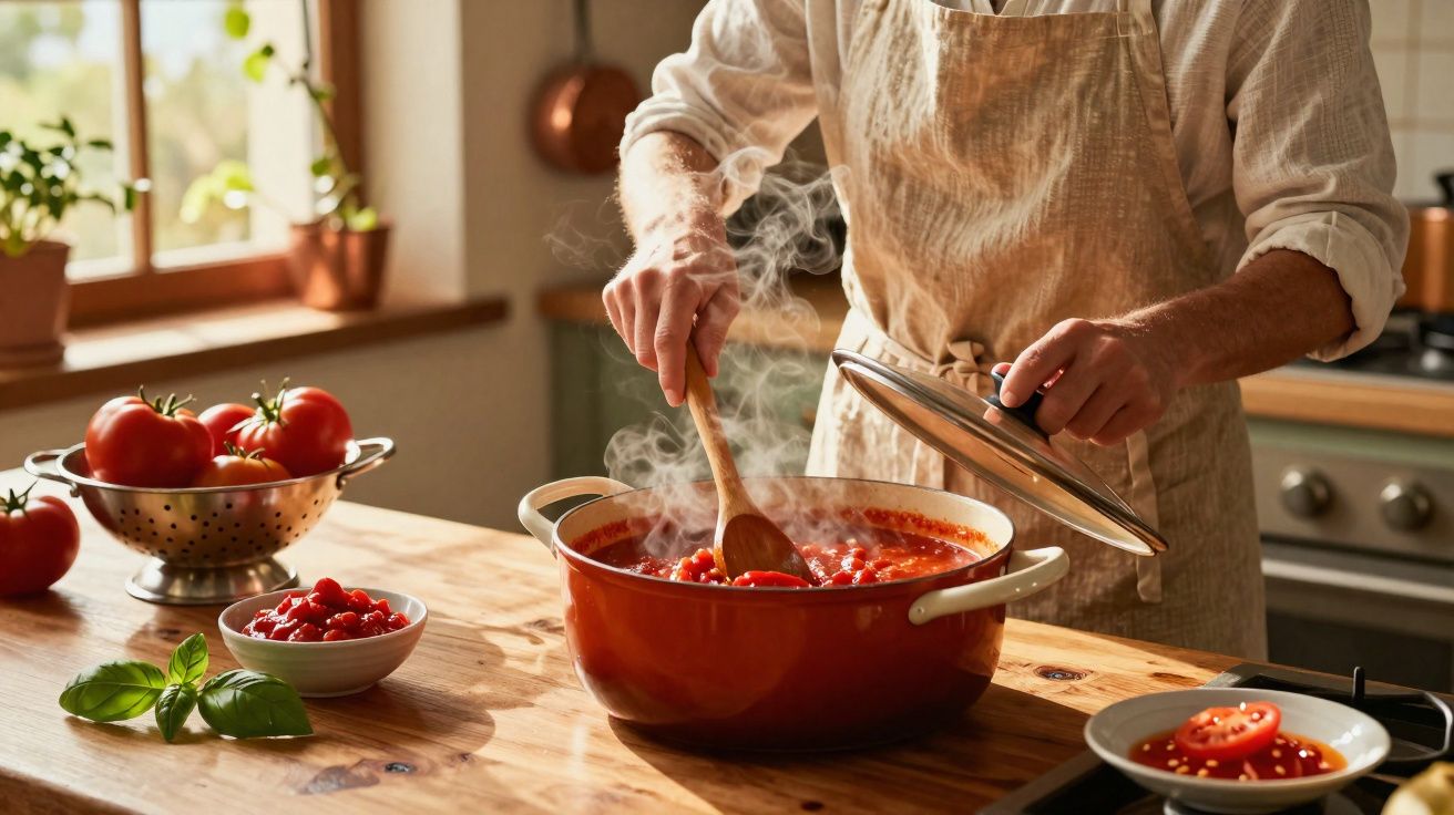 Pessoa a mexer molho de tomate numa panela vermelha num ambiente de cozinha iluminado.
