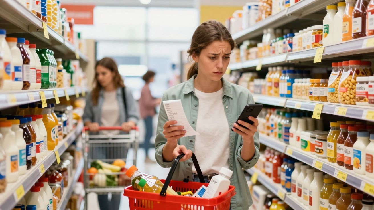 Mulher com expressão confusa verifica lista de compras no telemóvel num corredor de supermercado.