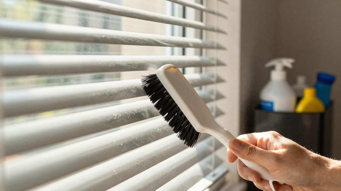 Mão a limpar estores brancos com escova de cerdas pretas num dia iluminado.