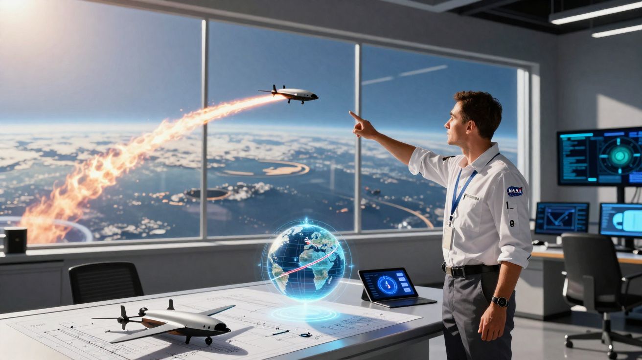Homem em escritório futurista a controlar voo de aeronave com rasto de fogo visível pela janela.