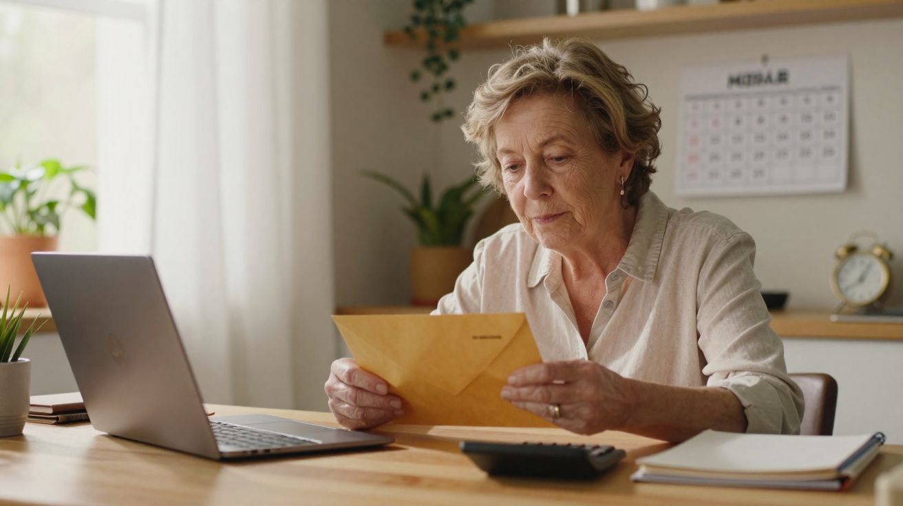 Mulher idosa sentada à mesa, a ler uma carta, com computador portátil e calculadora à sua frente.