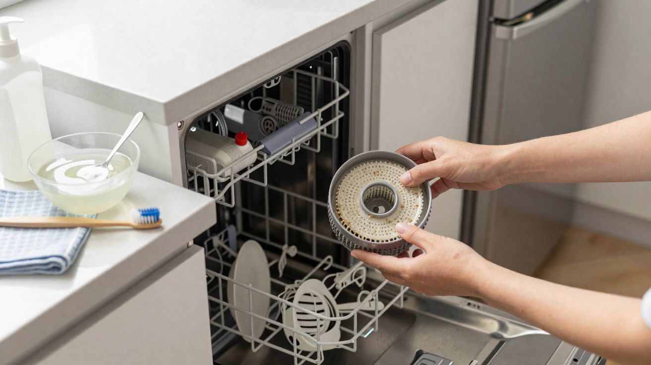 Pessoas a limpar e colocar peças de filtro sujas num lava-louças na cozinha moderna.