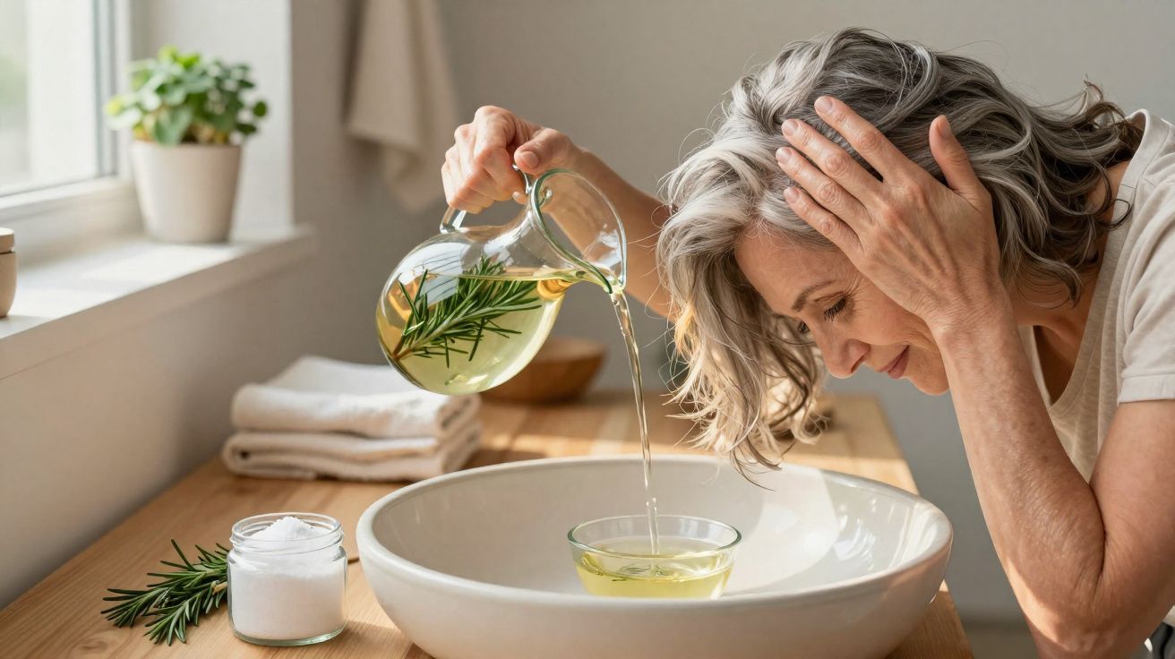 Mulher a verter infusão de ervas num recipiente sobre lavatório em casa iluminada.