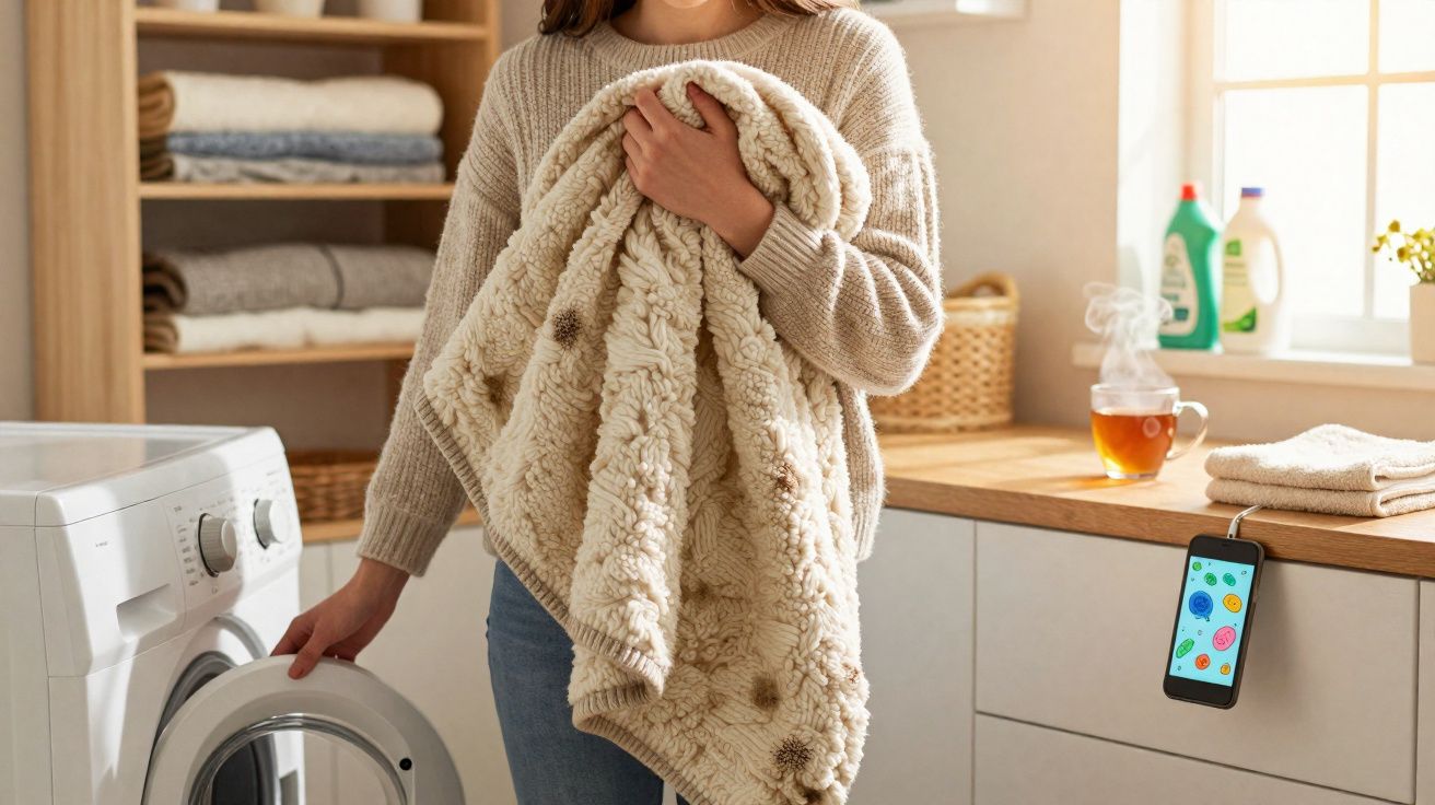Mulher a colocar uma manta suja na máquina de lavar numa lavandaria clara e organizada.