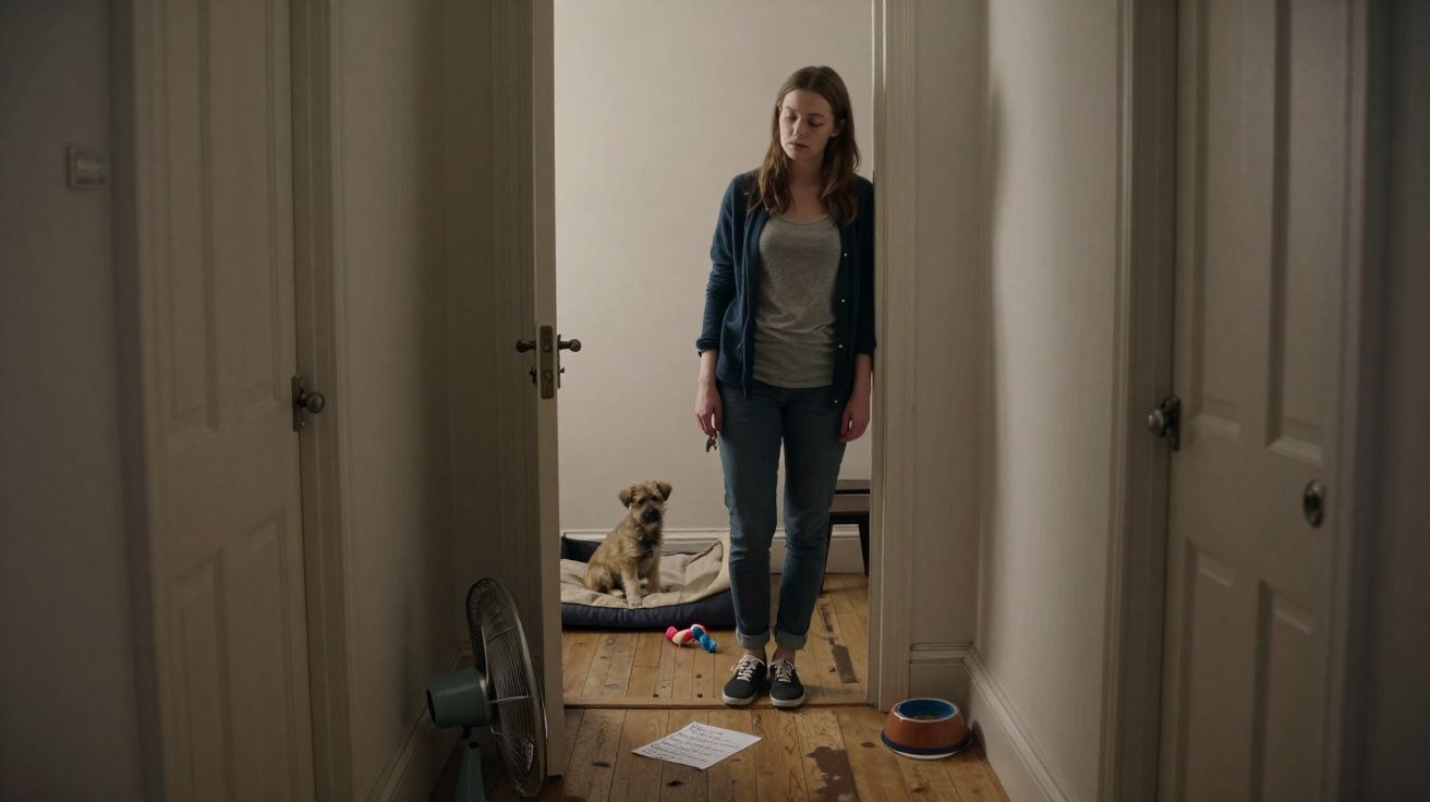 Mulher de cabelos compridos parada num corredor de madeira com cão sentado em cama e tigela de água.