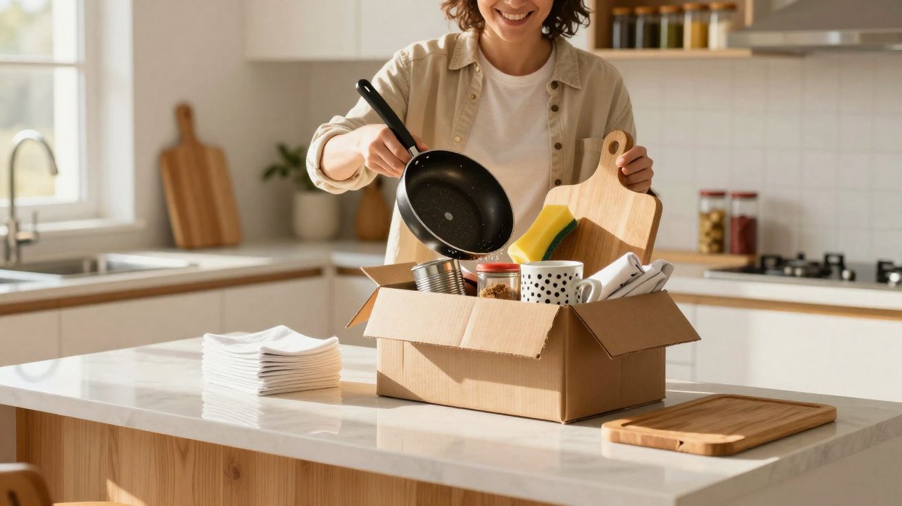 Pessoa a desempacotar utensílios de cozinha, como frigideira, tábua e esponja, numa cozinha moderna e clara.