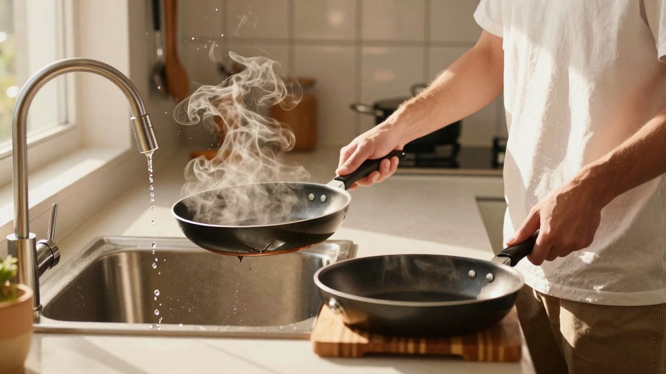 Pessoa a lavar frigideira fumegante junto à pia de cozinha com torneira a pingar.
