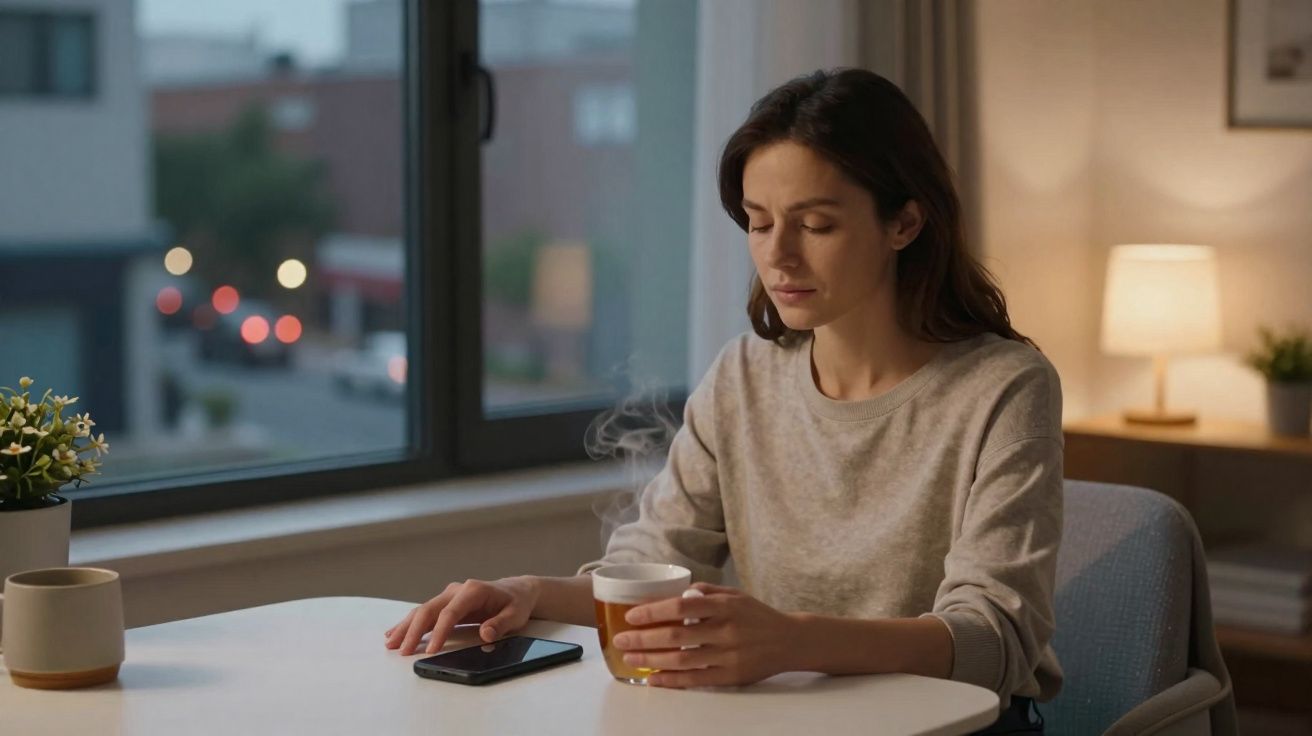 Mulher sentada à mesa, segurando chá quente com olhos fechados numa sala iluminada ao entardecer.