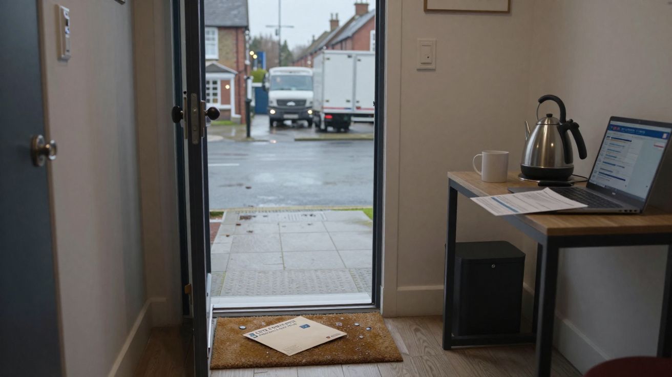 Entrada de casa com postal e moedas no tapete, mesa com portátil, jarro e caneca, vista para rua molhada.