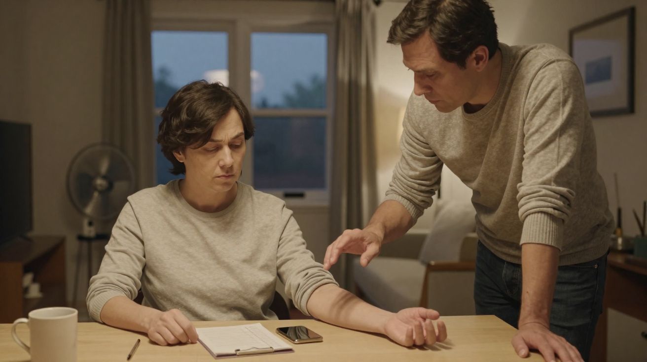 Dois homens numa sala, um sentado parece preocupado e o outro está de pé a examinar o seu braço.