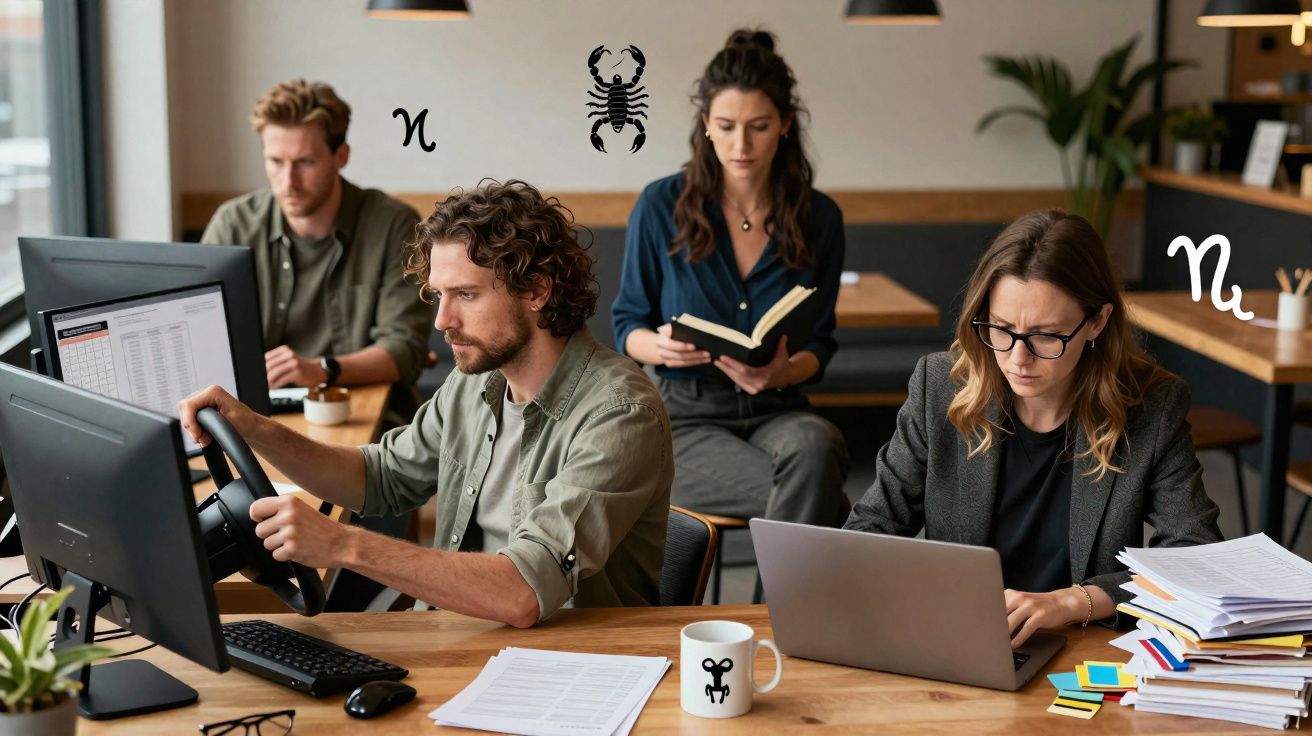 Quatro pessoas a trabalhar num escritório, duas no computador, uma lendo um livro e outra a fazer anotações.