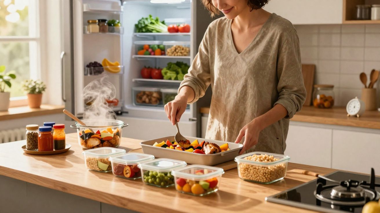 Mulher a preparar legumes e frango num tabuleiro na cozinha com alimentos frescos na bancada.