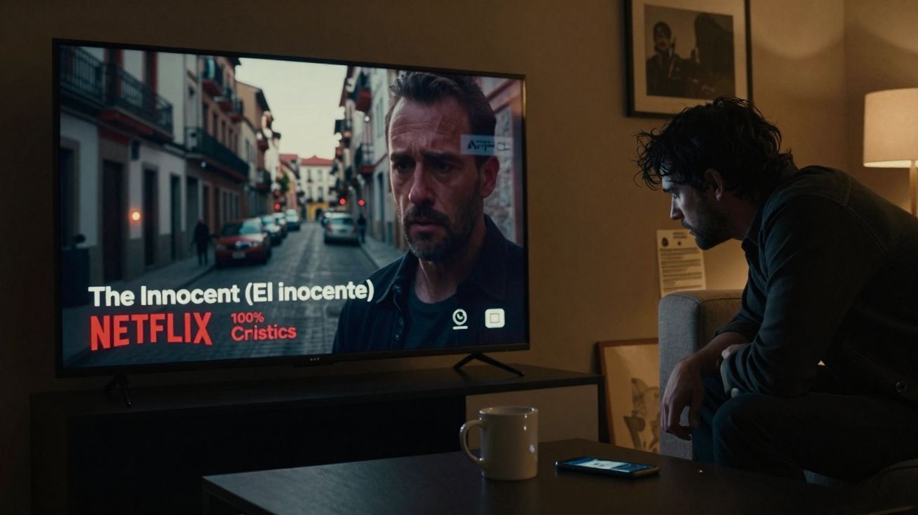 Homem sentado no sofá a ver a série The Innocent na Netflix numa sala pouco iluminada.