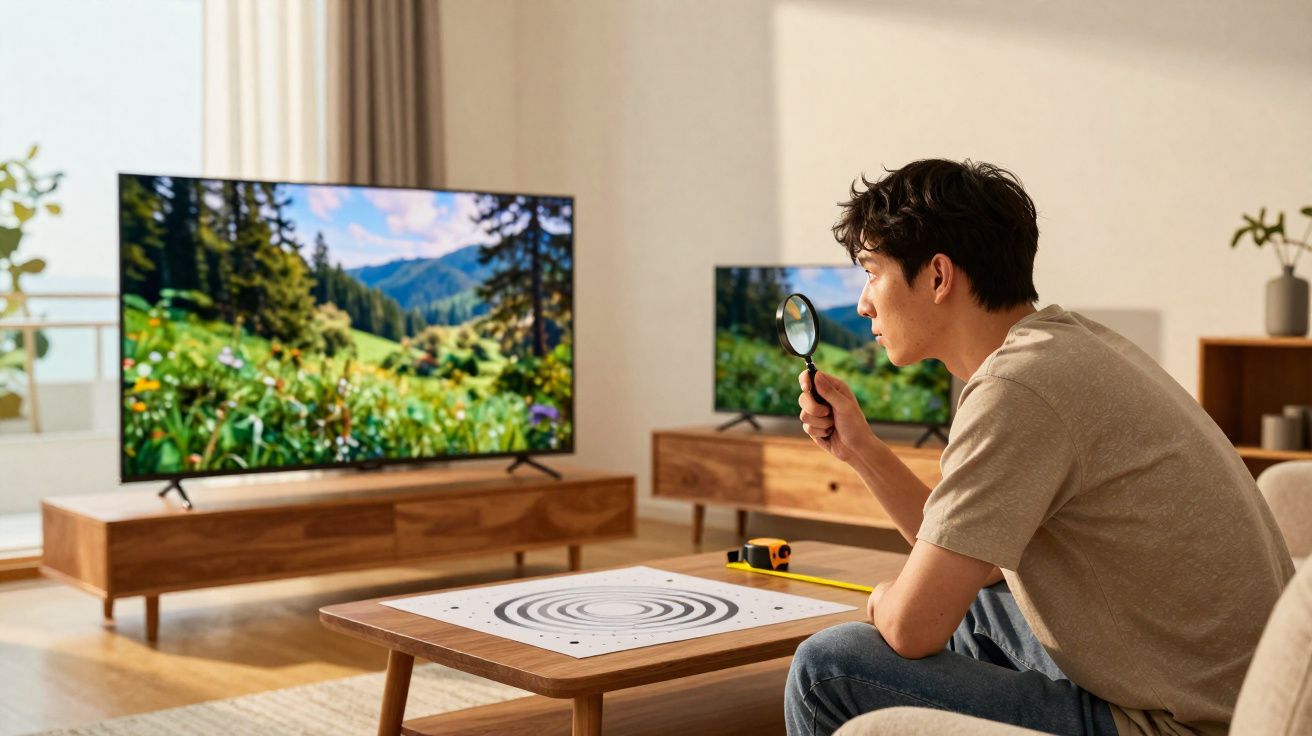Jovem sentado no sofá com lupa, observando padrão num papel sobre mesa de madeira numa sala iluminada.