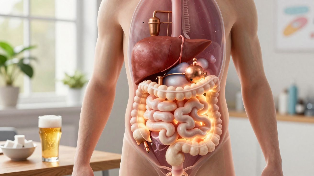 Imagem ilustrativa do sistema digestivo humano com destaque no intestino e fígado num ambiente de cozinha.