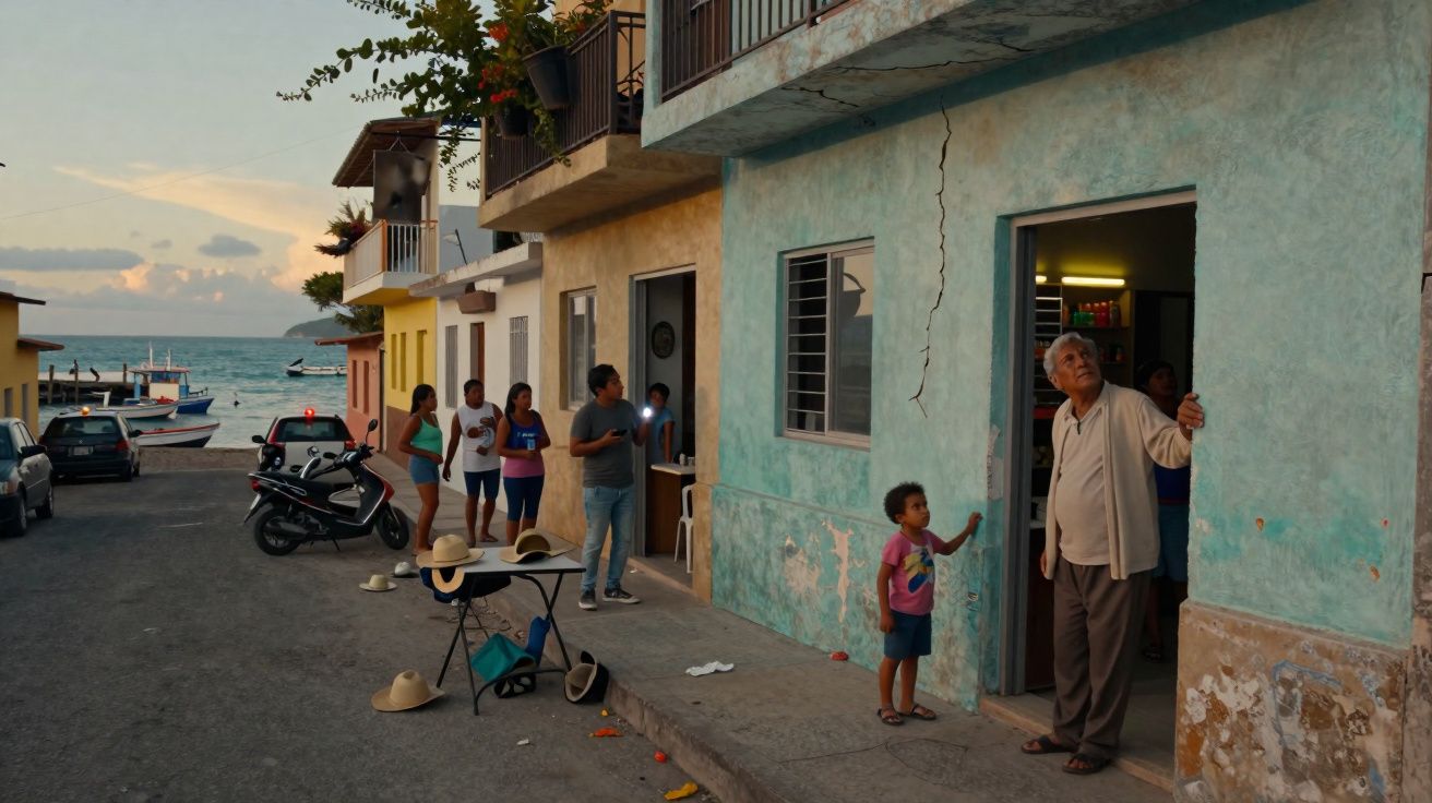 Rua junto ao mar com várias pessoas, incluindo um homem idoso e uma criança perto de uma porta azul.