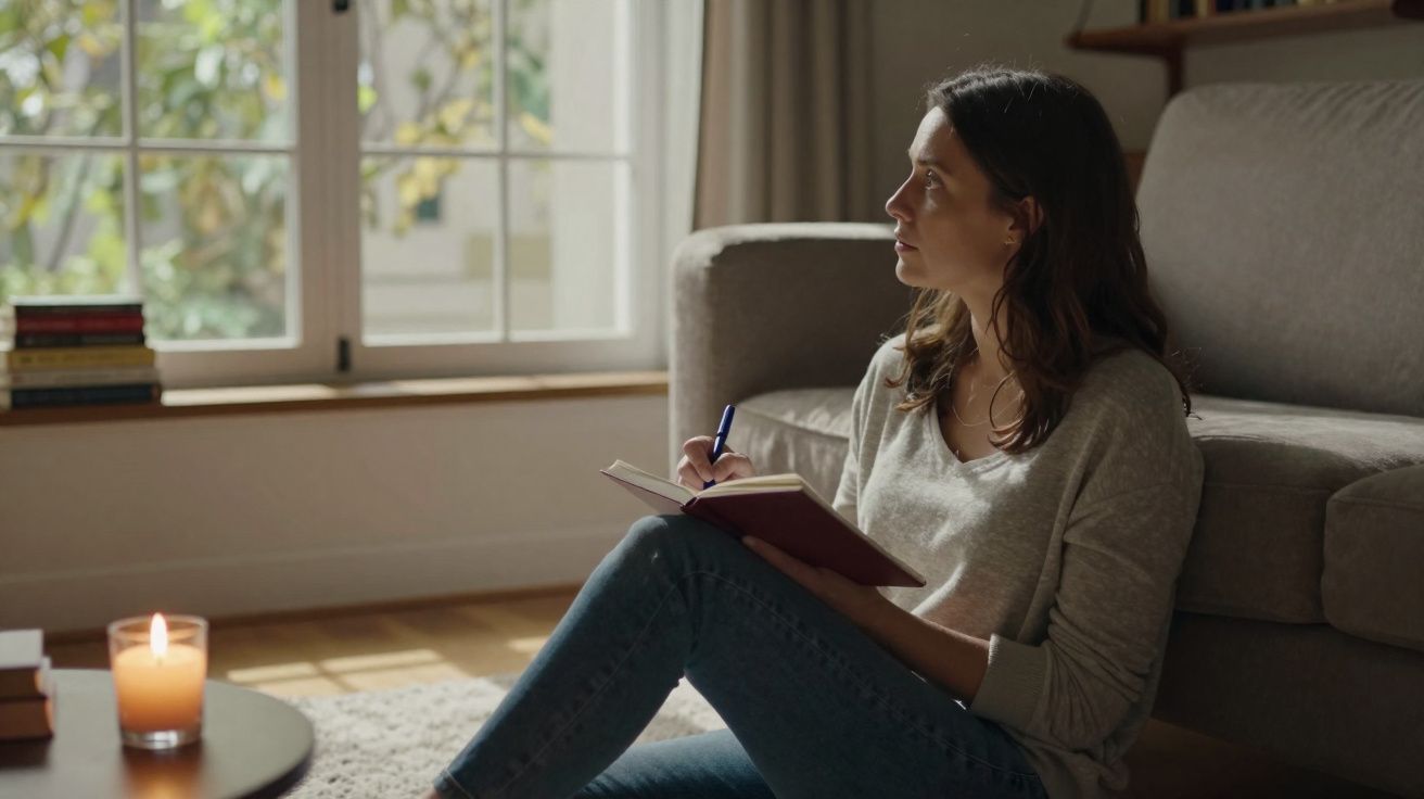 Mulher sentada no chão a escrever num caderno, com vela acesa e janela ao fundo.