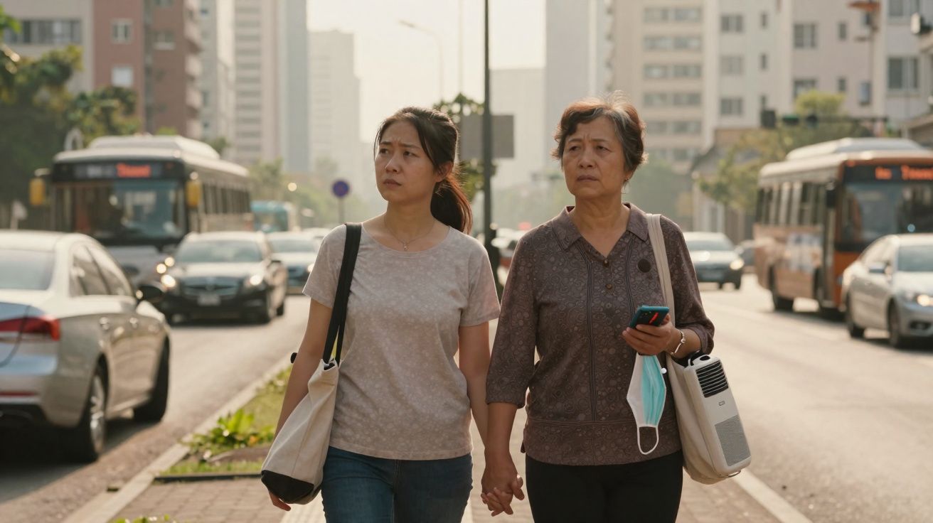 Duas mulheres de mãos dadas caminham numa rua movimentada com carros e autocarros ao fundo.