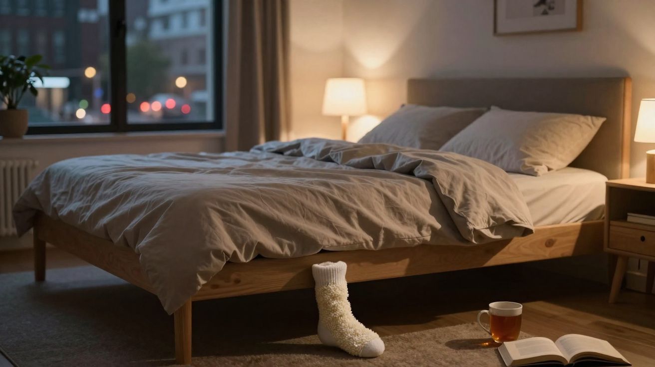 Quarto acolhedor ao anoitecer com cama desfeita, meias de lã no chão, chá e livro abertos junto à cama.