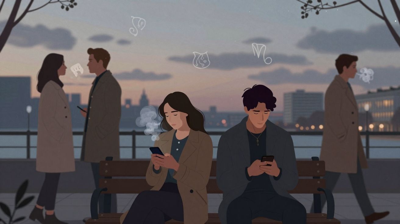Casal sentado num banco, ambos absortos nos telemóveis, com silhuetas e símbolos astrológicos no céu ao entardecer.