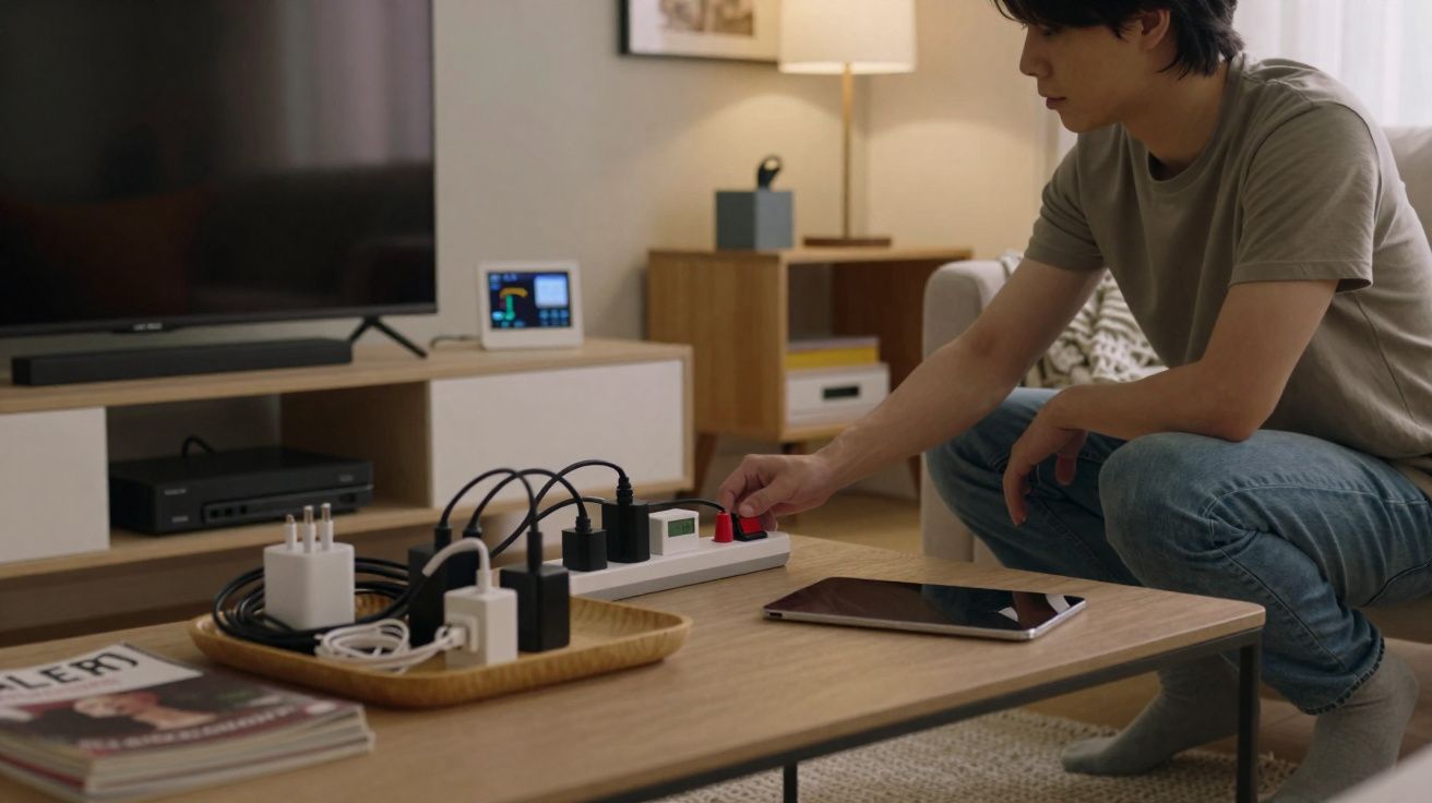 Homem a ligar múltipla tomada numa sala de estar com tablet e televisão no ambiente.