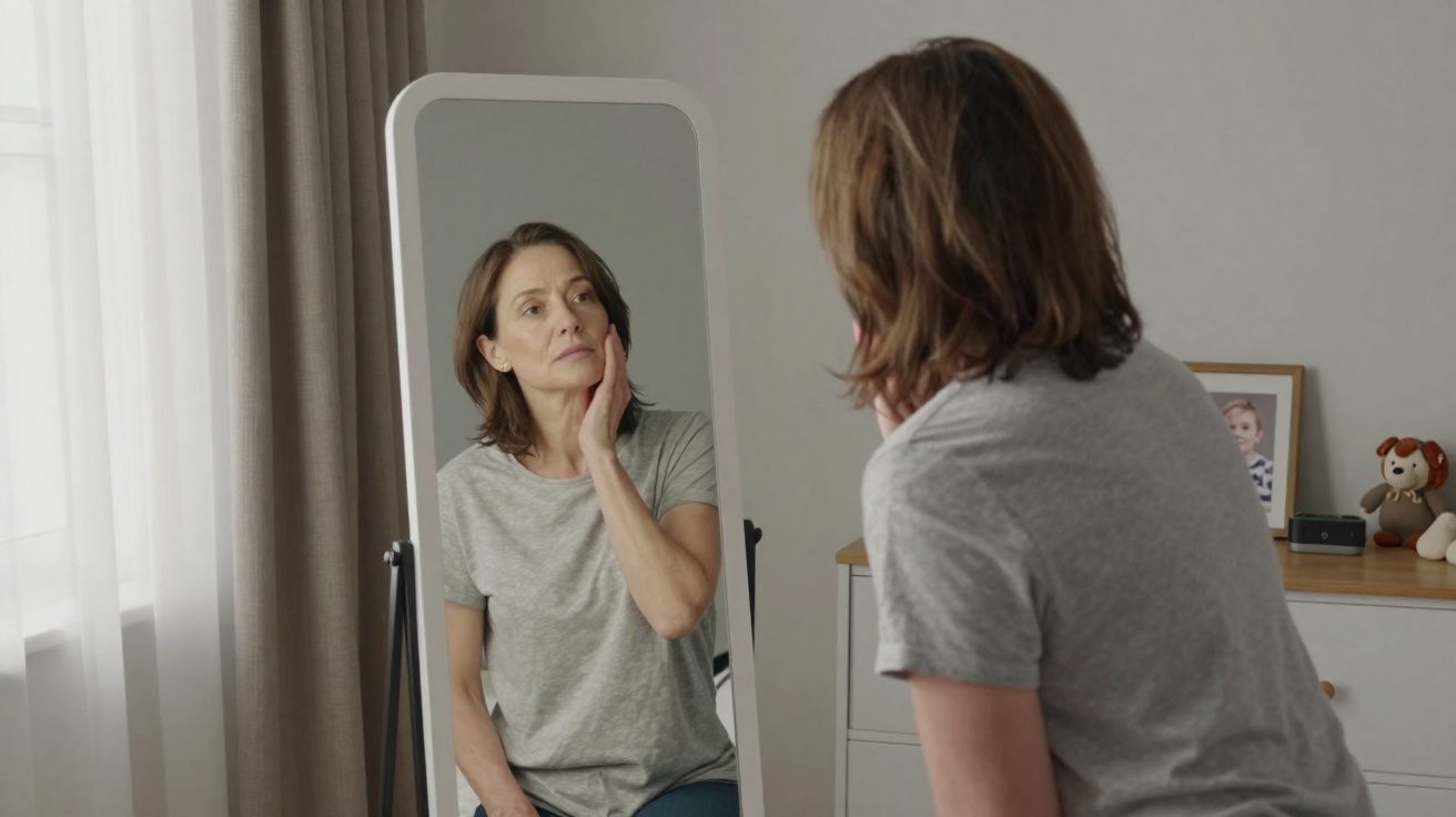 Mulher de meia-idade em camisola cinzenta a olhar-se no espelho com expressão pensativa num quarto iluminado.