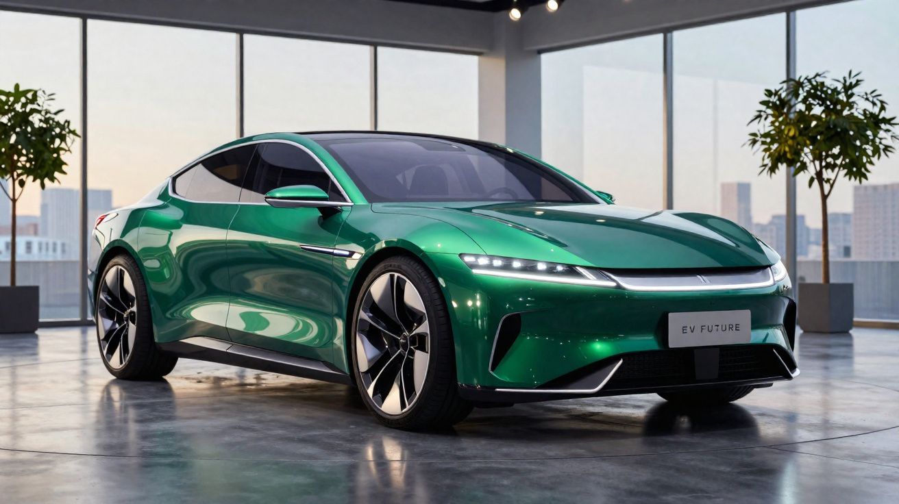 Carro elétrico desportivo verde brilhante estacionado num espaço interior moderno com janelas amplas.