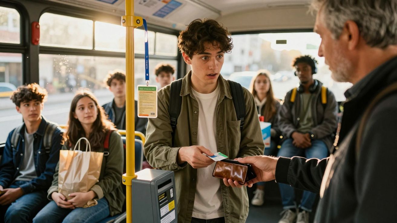 Jovem a pagar bilhete no autocarro enquanto outros passageiros estão sentados ao fundo observando.