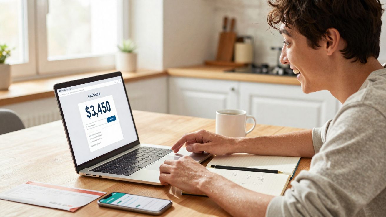 Pessoa jovem sorridente a usar portátil numa mesa com telemóvel e caderno numa cozinha iluminada.