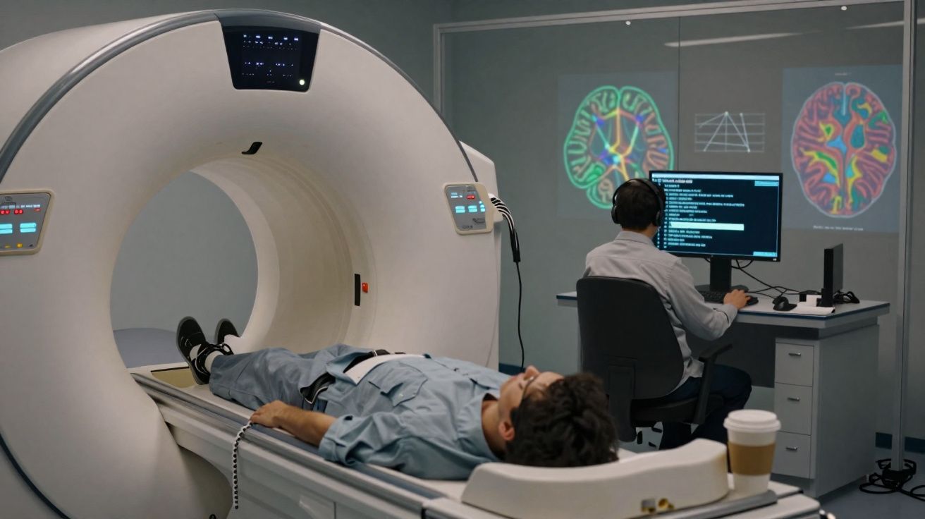 Paciente deitado a fazer exame de ressonância magnética cerebral com técnico a analisar imagens no computador.