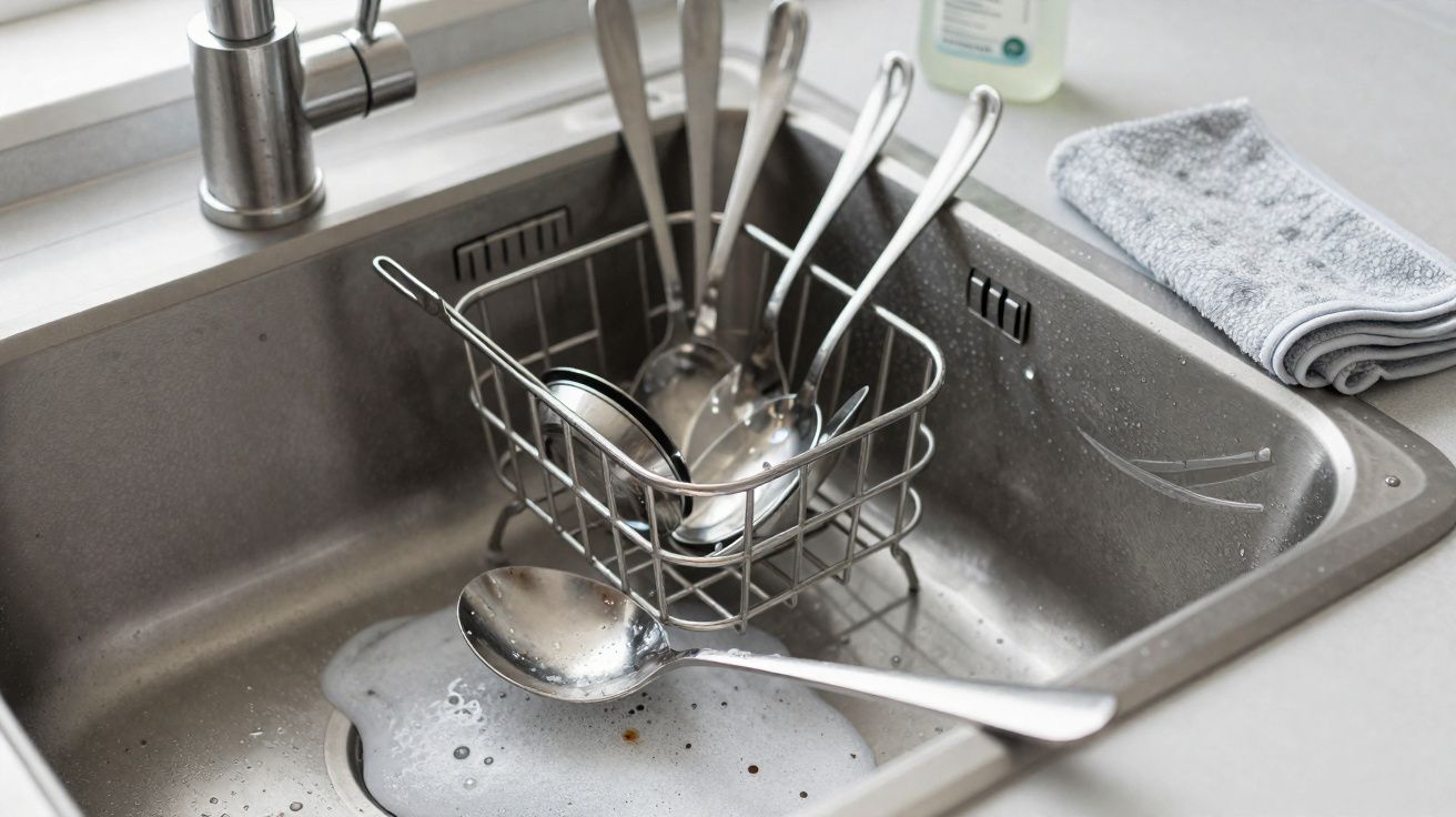 Pia de cozinha com talheres e uma esponja dentro do escorredor, e um pano cinza ao lado.
