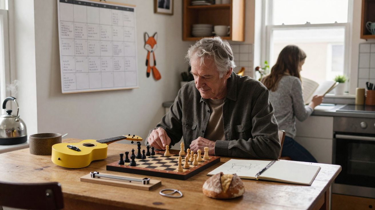 Homem idoso a jogar xadrez numa mesa de cozinha com guitarra, caderno e pão, mulher ao fundo a ler.