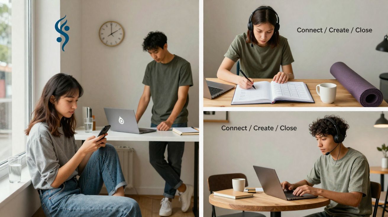 Três jovens a estudar e trabalhar em ambiente interior, usando laptop, livros e auscultadores, focados nas suas tarefas.