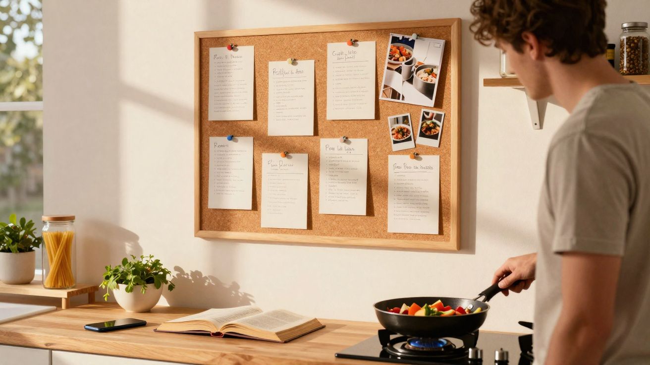 Jovem a cozinhar num fogão, com um quadro de cortiça cheio de receitas e fotografias na parede.
