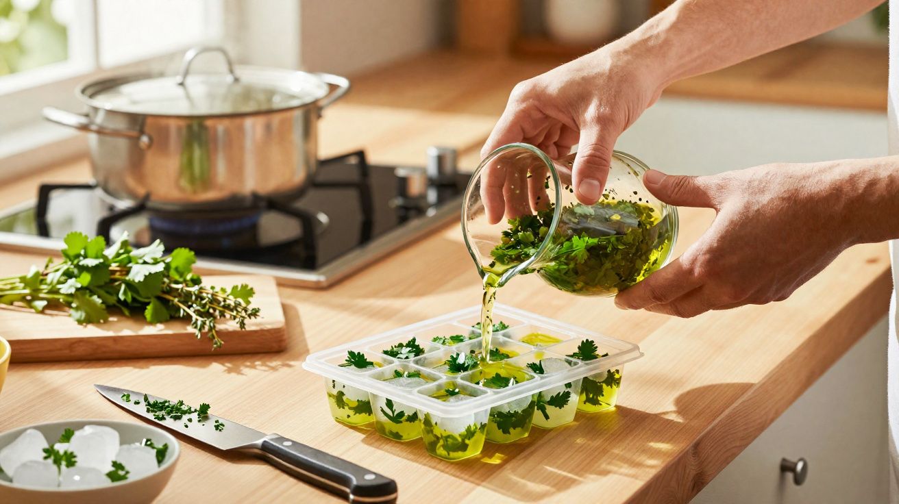 Mãos a verter azeite com ervas frescas em formas de gelo para congelar temperos na cozinha.