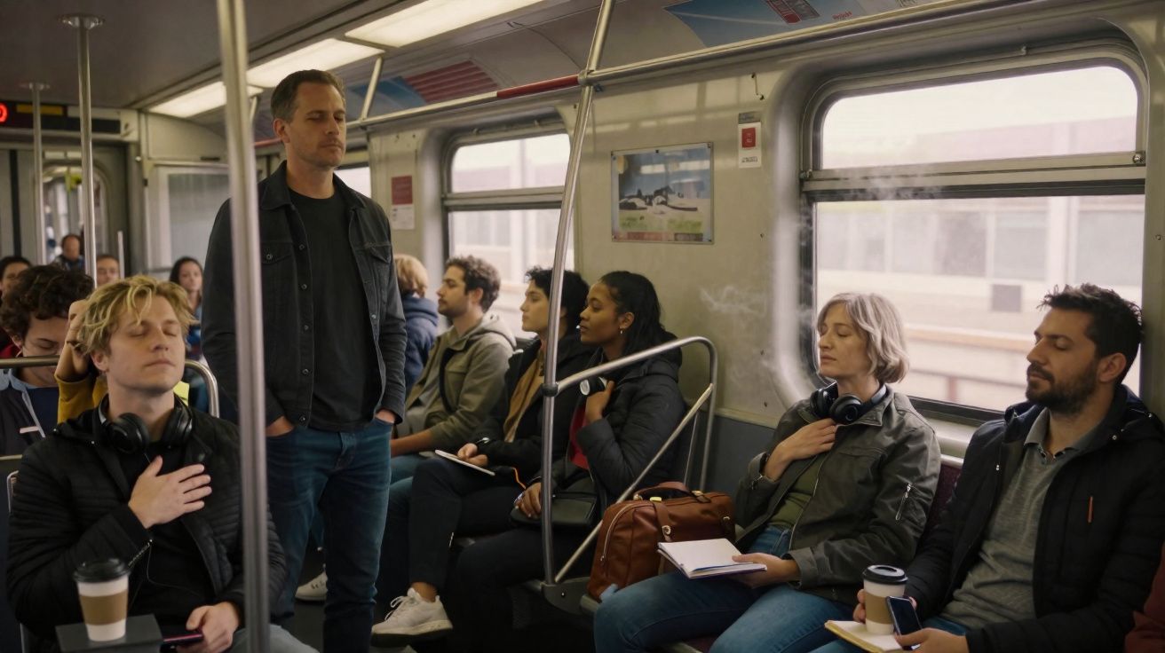 Pessoas sentadas e de pé no interior de um comboio, algumas com os olhos fechados e mãos no peito, parece um momento de medit